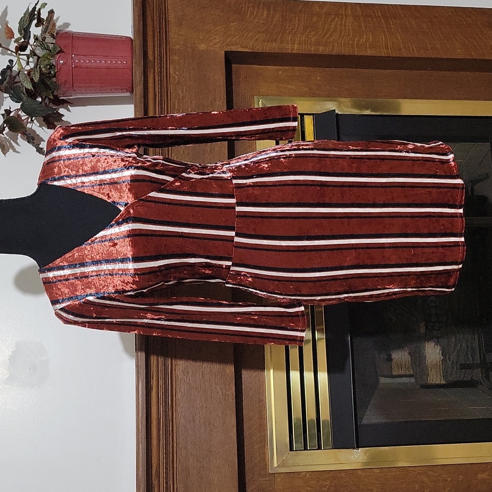 Forever 21 Velvet Bodycon Faux Wrap Burnt Orange Striped Mini Dress Size Small